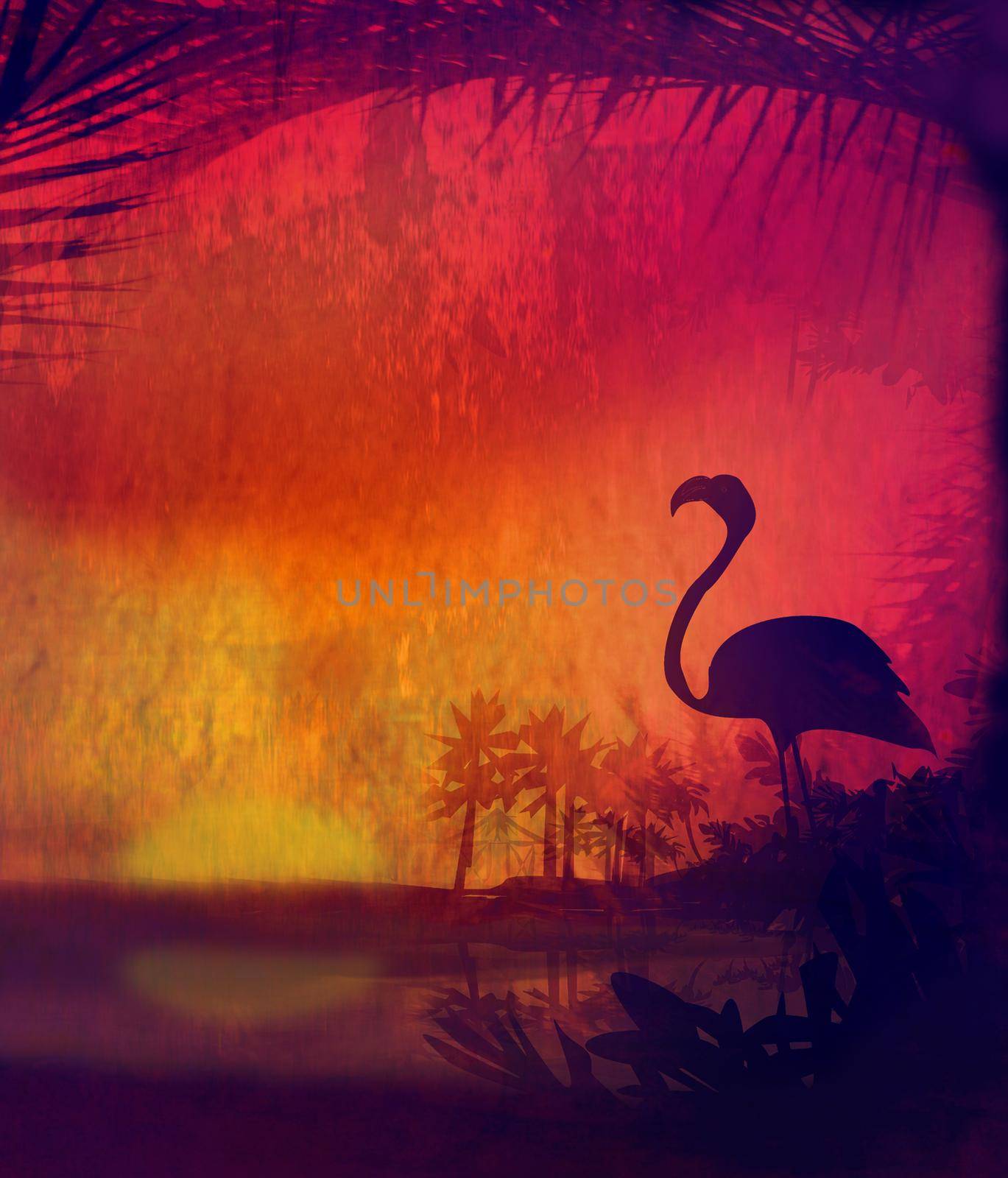 flamingo on Tropical Peaceful Sunset