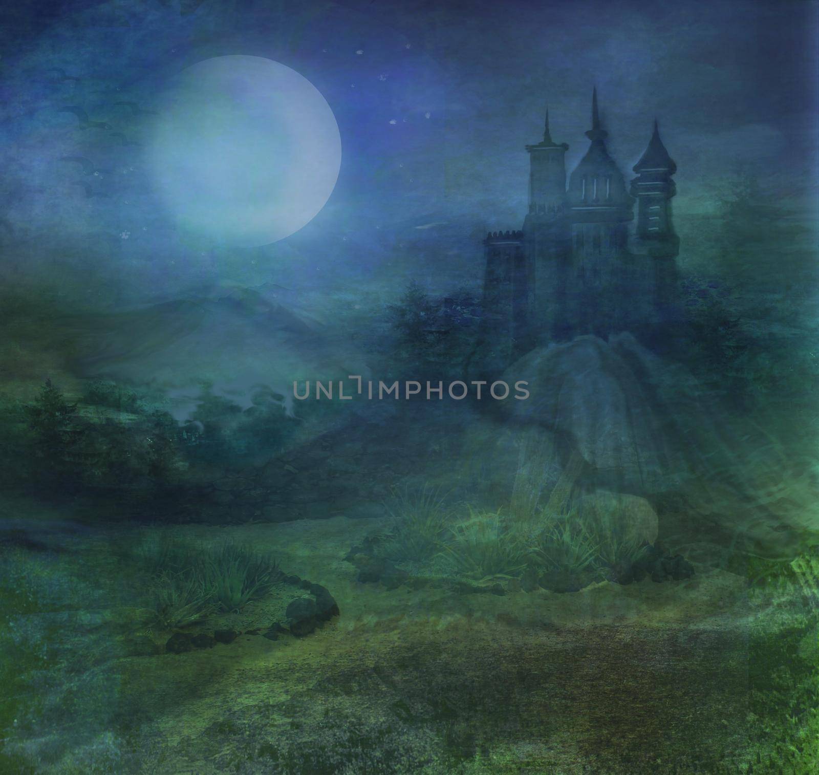 landscape with old castle and moon by JackyBrown