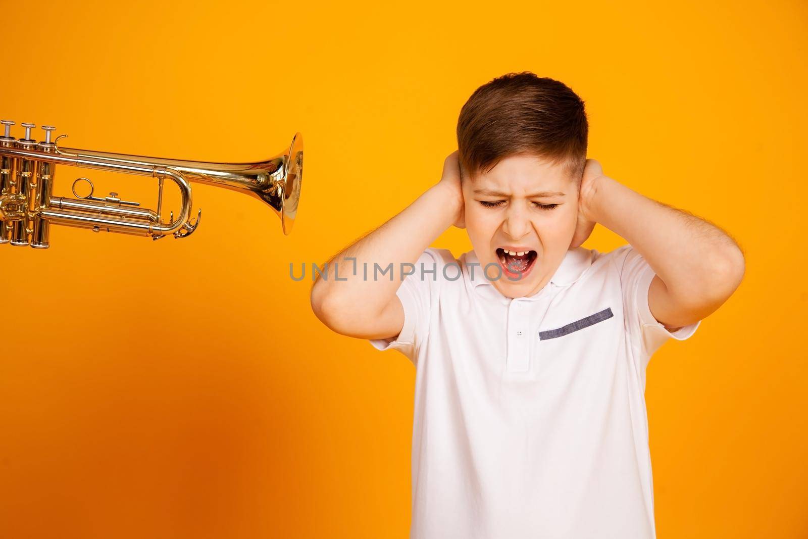 The boy is dissatisfied with the annoyance of a loud sound, he closed his ears with his hands and screams. Loud pipe sound
