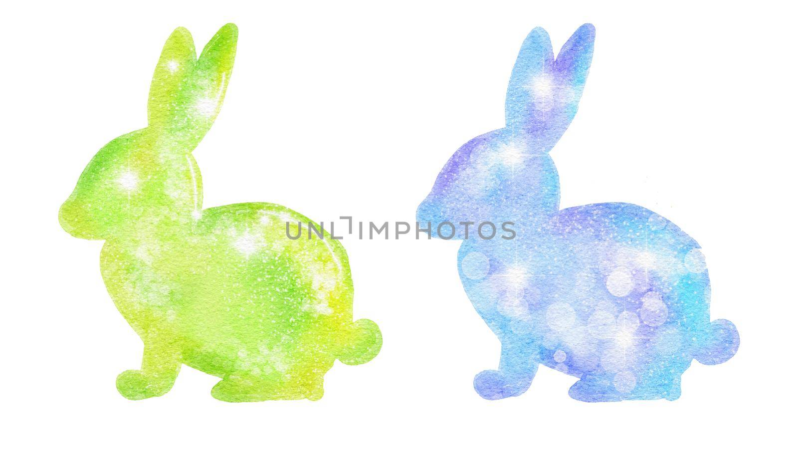 Watercolor Easter bunnies rabbits with shiny shimmering glitter texture, pastel colors green blue design. April spring religious celebration, for cards invitations prints. by Lagmar