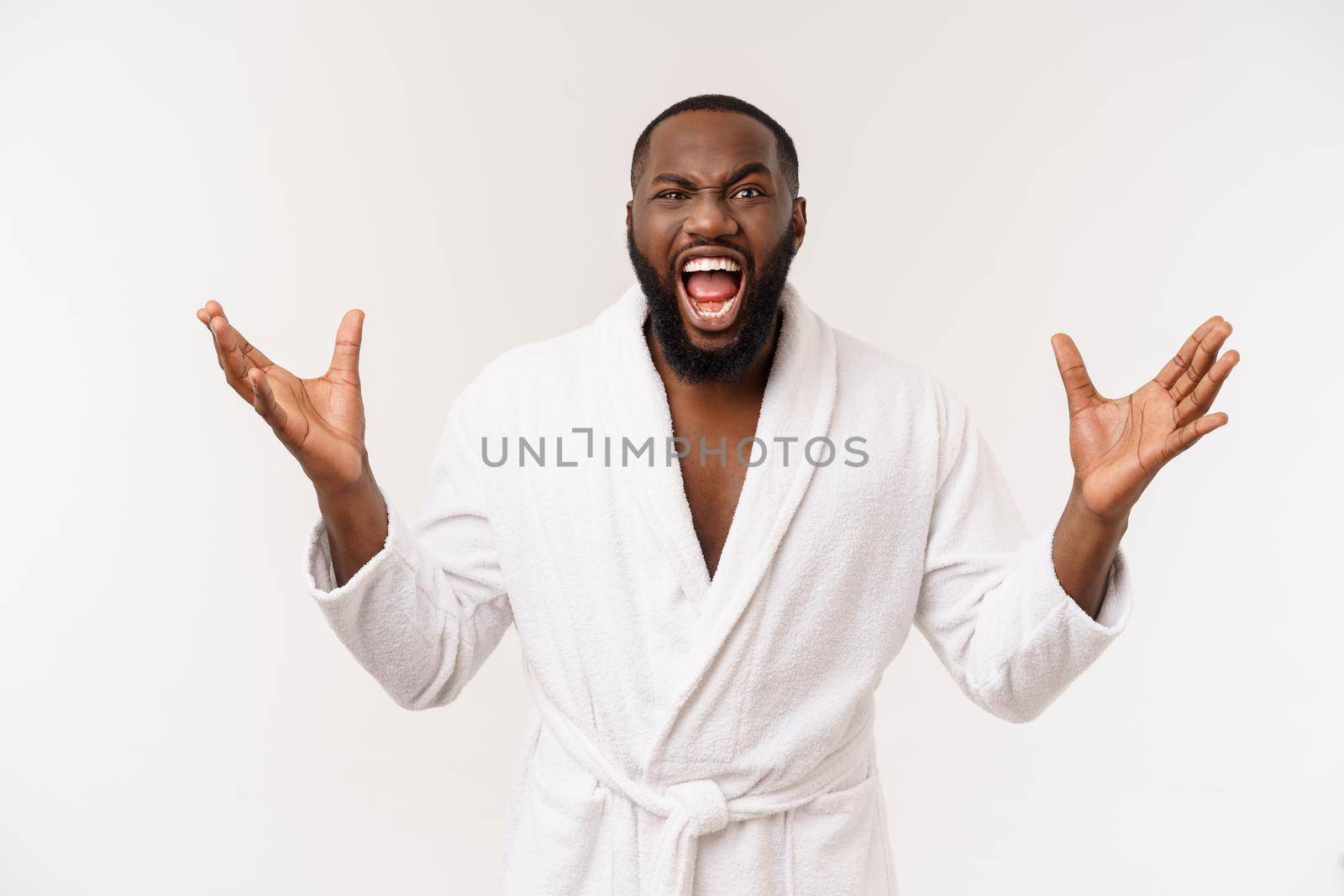 Young african american man wearing bathrobe over isolated white background thinking looking tired and bored with depression problems. by Benzoix