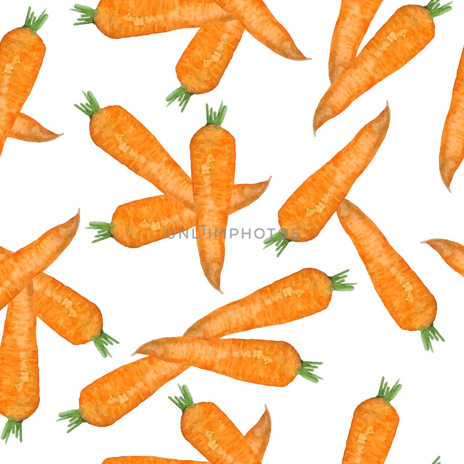 Watercolor seamless hand drawn pattern with orange ripe carrots, organic healthy natural food, vitamins vegetarian vegan. Cooking design illustration, textile wrapping paper wallpaper. Bright harvest. by Lagmar