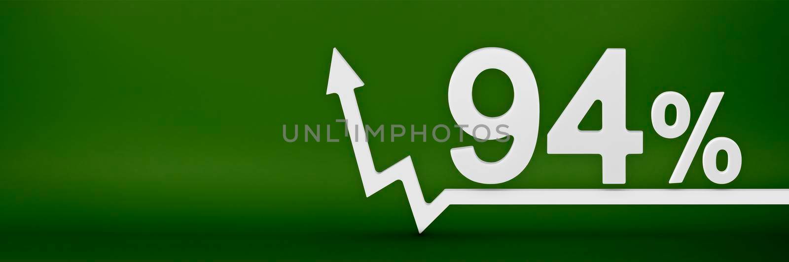 94 percent. The arrow on the graph points up. Rising prices, inflation, increase in income, increase in interest rates, taxes. 3d banner, ninety four percent sign discount on a green background. by SERSOL