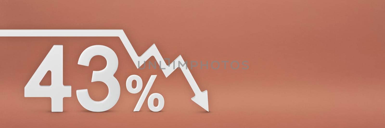 forty-three percent, the arrow on the graph is pointing down. Stock market crash, bear market, inflation.Economic collapse, collapse of stocks.3d banner,43 percent discount sign on a red background. by SERSOL