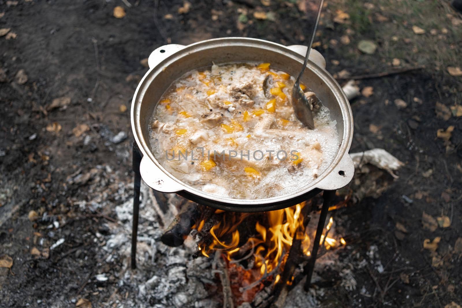a cauldron with boiling chicken chowder made of chicken wings and vegetables stands on a fire during outdoor recreation. The soup is stirred with a long spoon by olex
