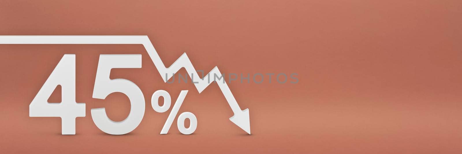 forty-five percent, the arrow on the graph is pointing down. Stock market crash, bear market, inflation.Economic collapse, collapse of stocks.3d banner,45 percent discount sign on a red background. by SERSOL