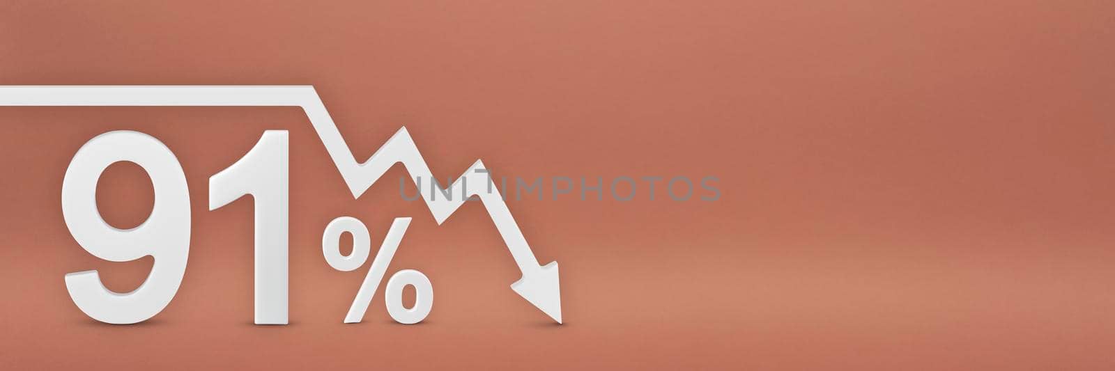ninety-one percent, the arrow on the graph is pointing down. Stock market crash, bear market, inflation.Economic collapse, collapse of stocks.3d banner,91 percent discount sign on a red background. by SERSOL