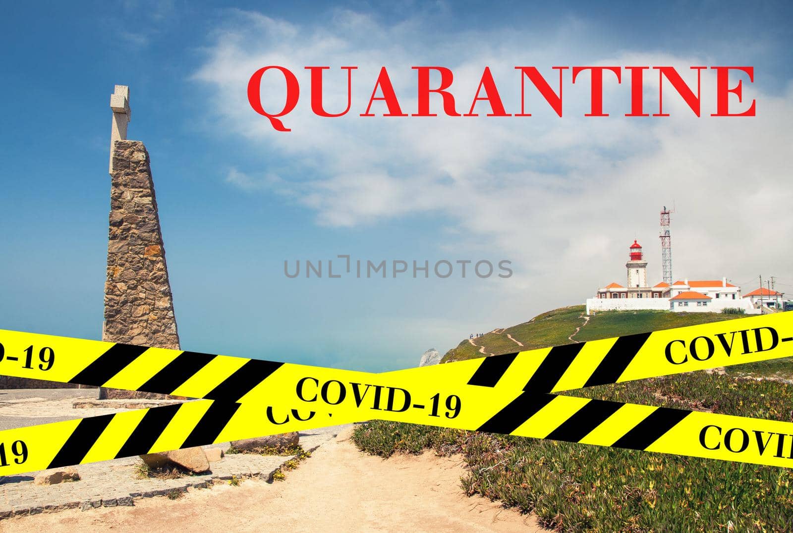 Quarantine in Portugal. Cape Roca Cabo da Roca - westernmost point of Eurasia. No travel and lockdown concept. Coronavirus outbreak Covid-19 pandemic concept. Canceled tourist vacation. Barrier tape.