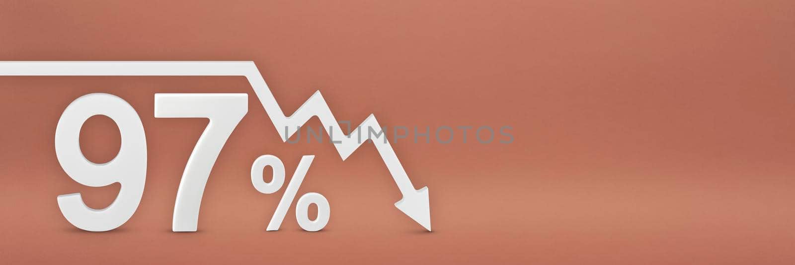 ninety-seven percent, the arrow on the graph is pointing down. Stock market crash, bear market, inflation.Economic collapse, collapse of stocks.3d banner,97 percent discount sign on a red background
