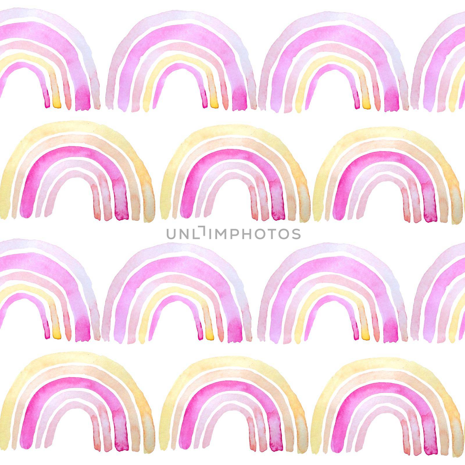 Watercolor seamless hand drawn pattern with bright pink blush coral rainbow elements. Modern design for chil kid wallpaper textile nursery decoration. Soft pastel cute colors for girl kids fashion. by Lagmar