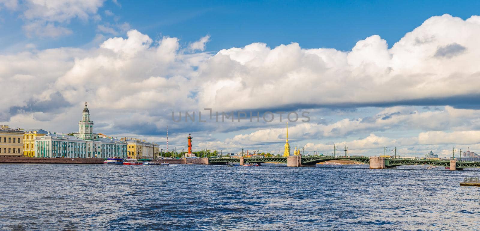 Panorama of Saint Petersburg city with bascule Palace Bridge across Neva river, Kunstkamera building, Rostral Columns on Strelka Arrow of Vasilyevsky Island, Russia. Panoramic view of Leningrad