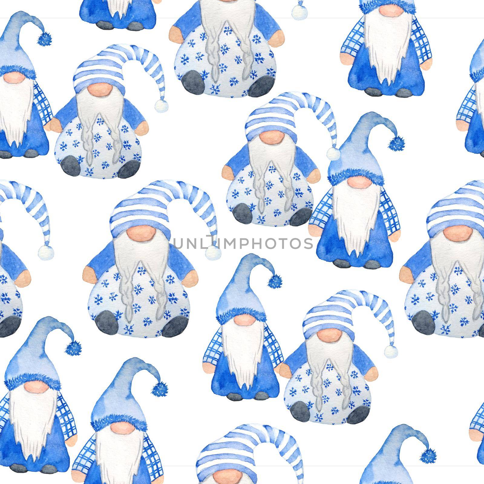 Watercolor hand drawn seamless pattern nordic scandinavian gnomes for christmas decor tree. New year illustration in blue grey cartoon style. Funny winter character north swedish elf in hat beard. Greeting card