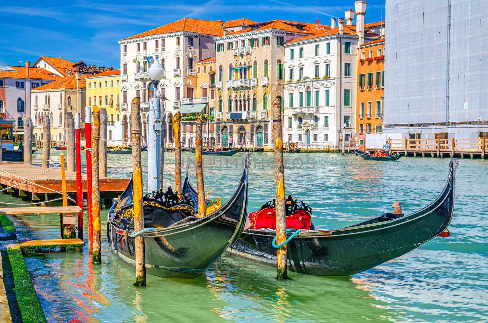 Gondolas traditional boats moored in wooden pier dock of Grand Canal waterway in Venice historical city centre with row of colorful buildings Venetian architecture. Veneto Region, Northern Italy.