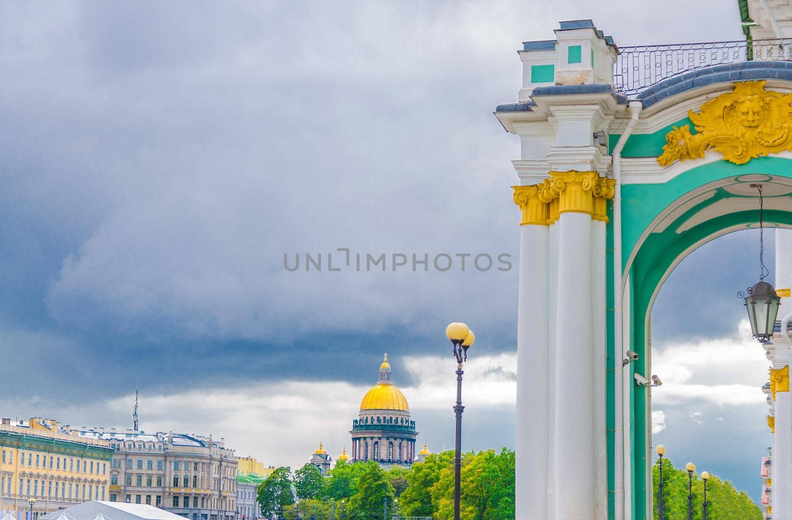 Column of The State Hermitage Museum building, The Winter Palace and Saint Isaac's Cathedral or Isaakievskiy Sobor museum background, Saint Petersburg Leningrad city, Russia