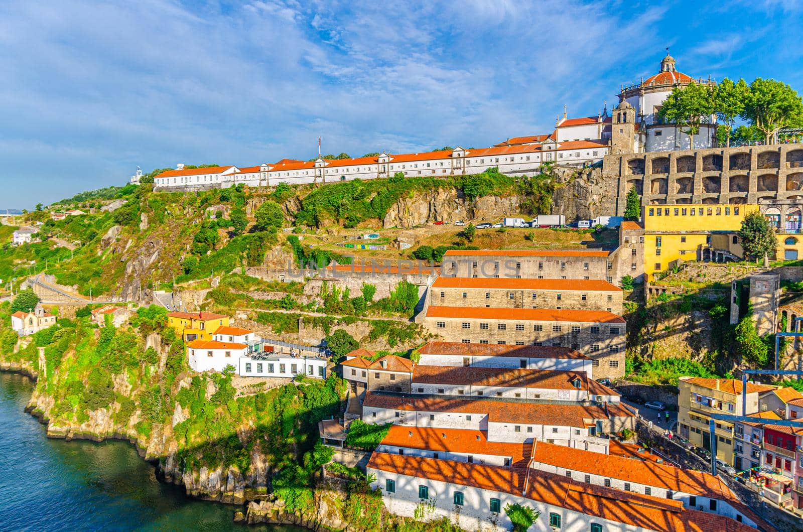 Monastery of Serra do Pilar with catholic church and winery buildings on steep slope of Douro River in Vila Nova de Gaia city, Norte or Northern Portugal