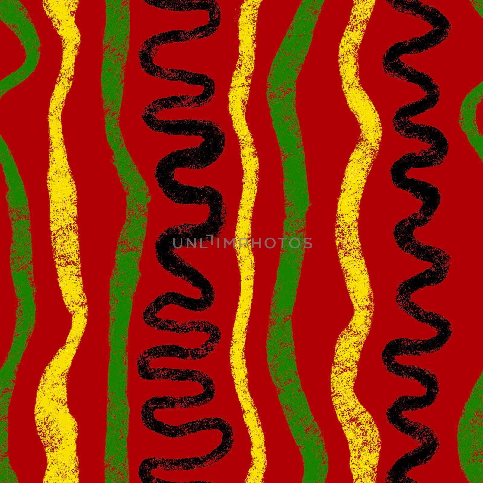 Hand drawn seamless pattern with african geometric ornament design print, Juneteenth freedom 1865 fabric, yellow green red black abstract shapes kente cloth, ethnic background