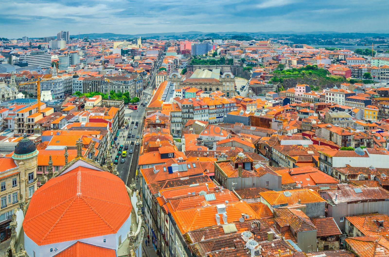 Aerial panoramic view of Porto Oporto city historical centre with red tiled roof typical buildings, Norte or Northern Portugal