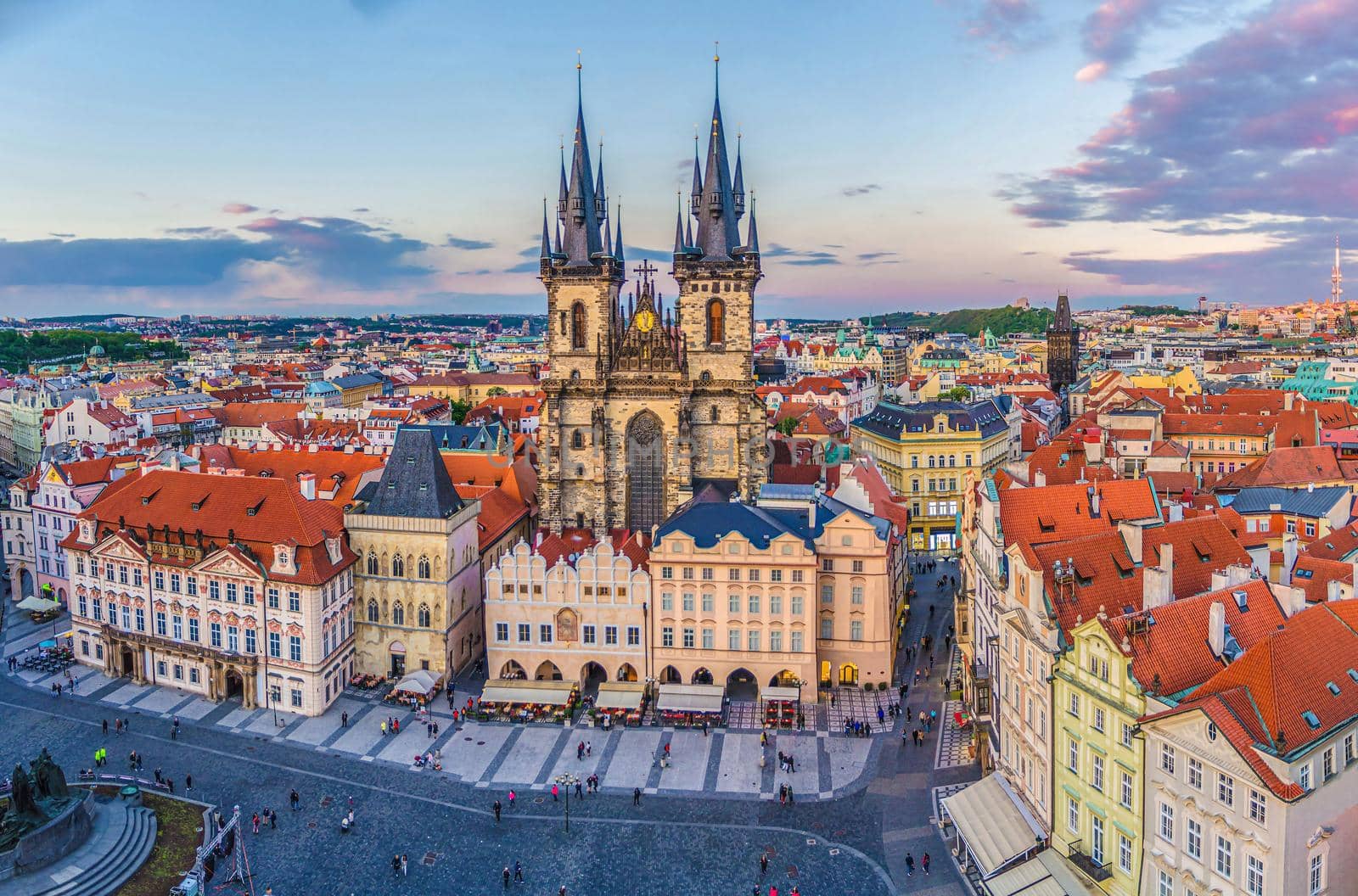 Panorama of Prague Old Town historical centre Stare Mesto Old Town Square Staromestske namesti with Gothic Church of Our Lady before Tyn. Aerial panoramic view of Prague city, Czech Republic