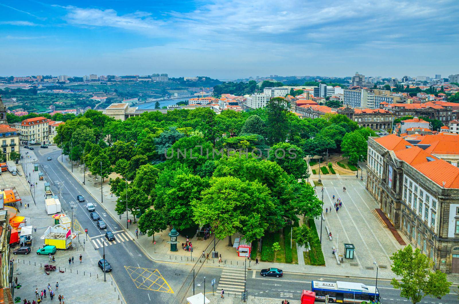 Aerial view of Porto Oporto city historical centre with Cordoaria Garden, University of Porto Universidade do Porto building and Douro River, Northern Portugal