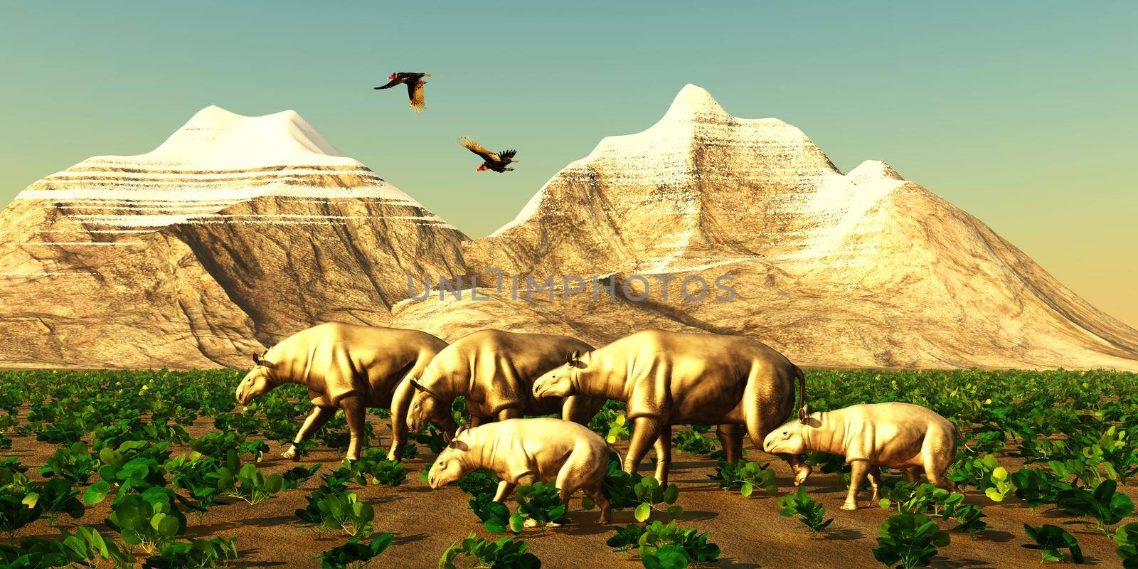 Turkey vultures fly over a herd of Paraceratherium mammals during the Eocene period of China.