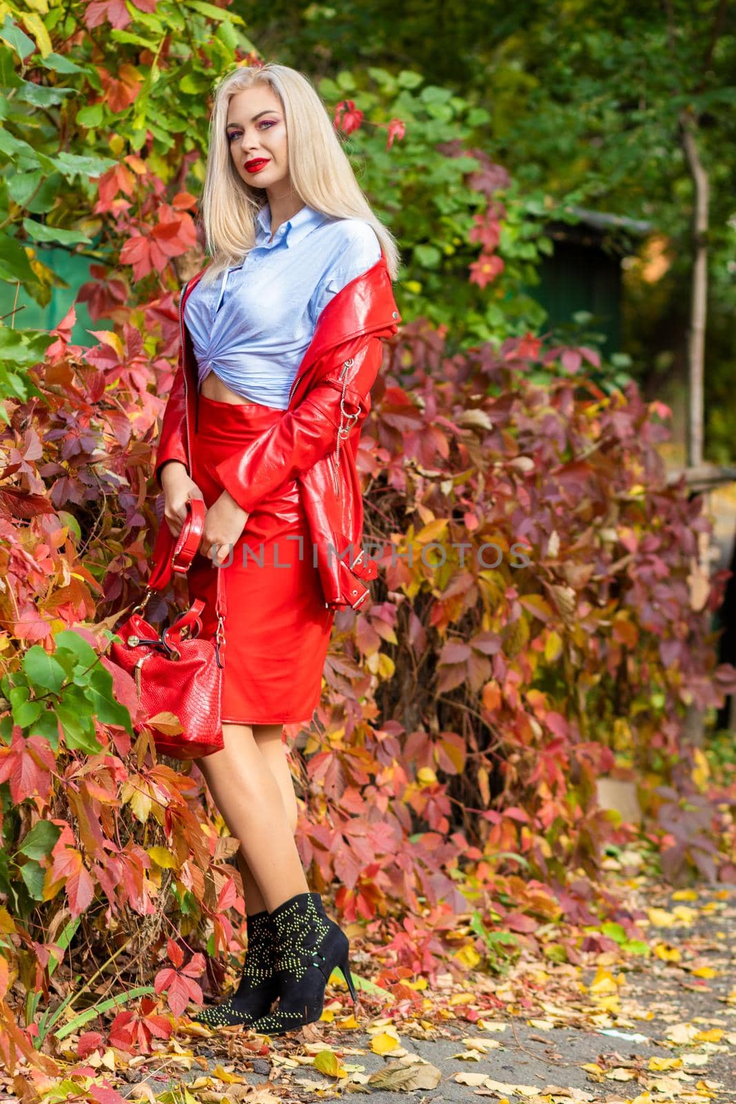 Stylish blonde woman on autumn street by Bonda