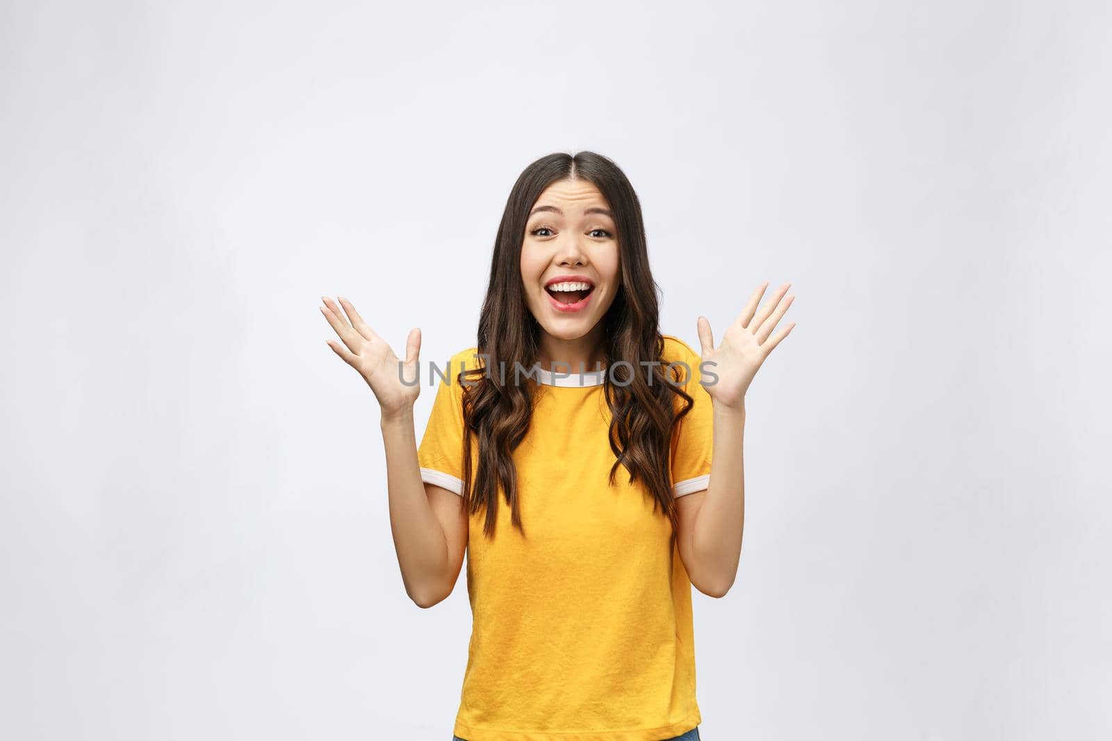 Happy young asian woman with blank copy space area for text or slogan,Closeup portrait of beautiful Asian woman,girl,Positive human emotion facial expression,isolated on white background by Benzoix