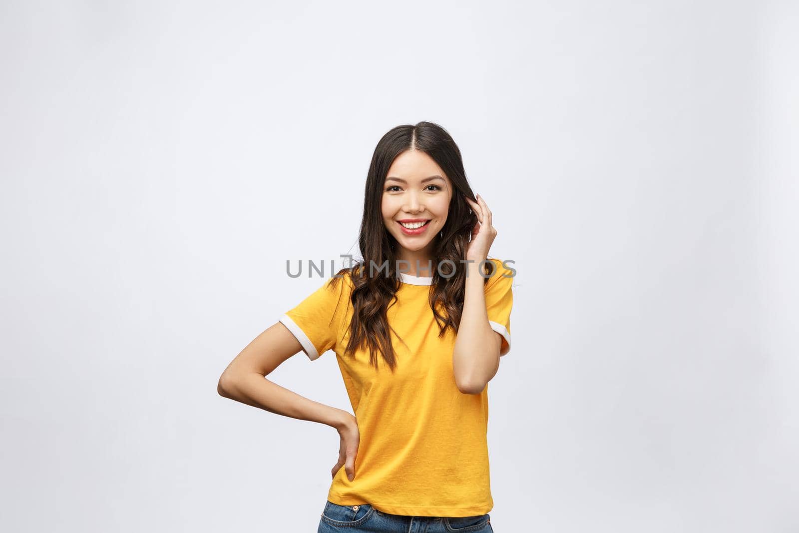 Happy young asian woman with blank copy space area for text or slogan,Closeup portrait of beautiful Asian woman,girl,Positive human emotion facial expression,isolated on white background by Benzoix