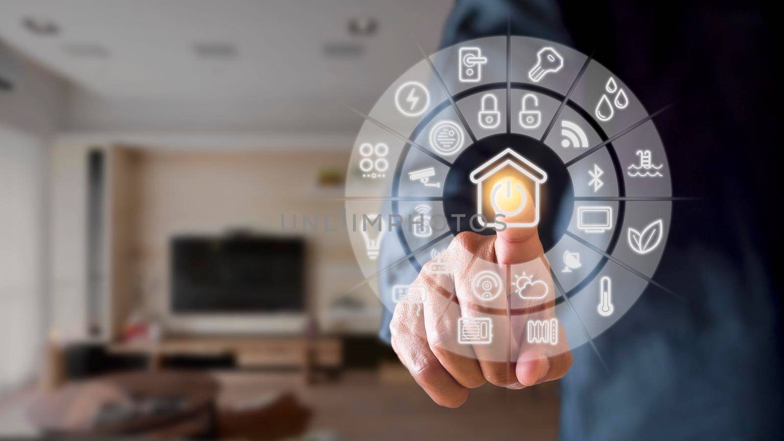 Man hand point smarth home GUI in livingroom. Hand use smart screen smart home automation assistant on a virtual screen and a user touching a button