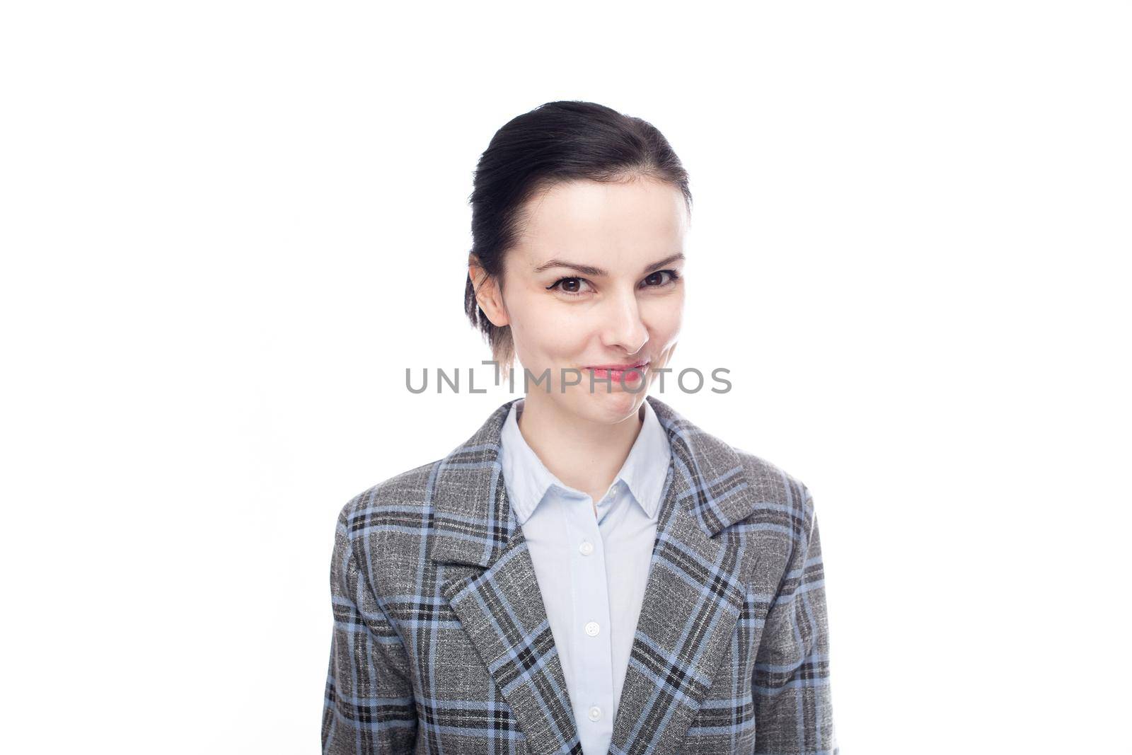 honey brunette woman manager in a cleaning suit, white background by shilovskaya
