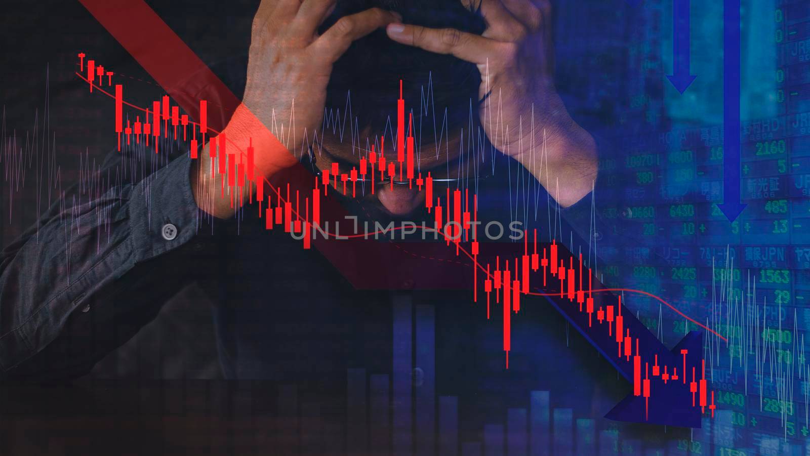 All world stock fail background and digital red number on stock board. Concept of financial crisis. Stock market down trend and despair broker man on graph and number with bearis time. 