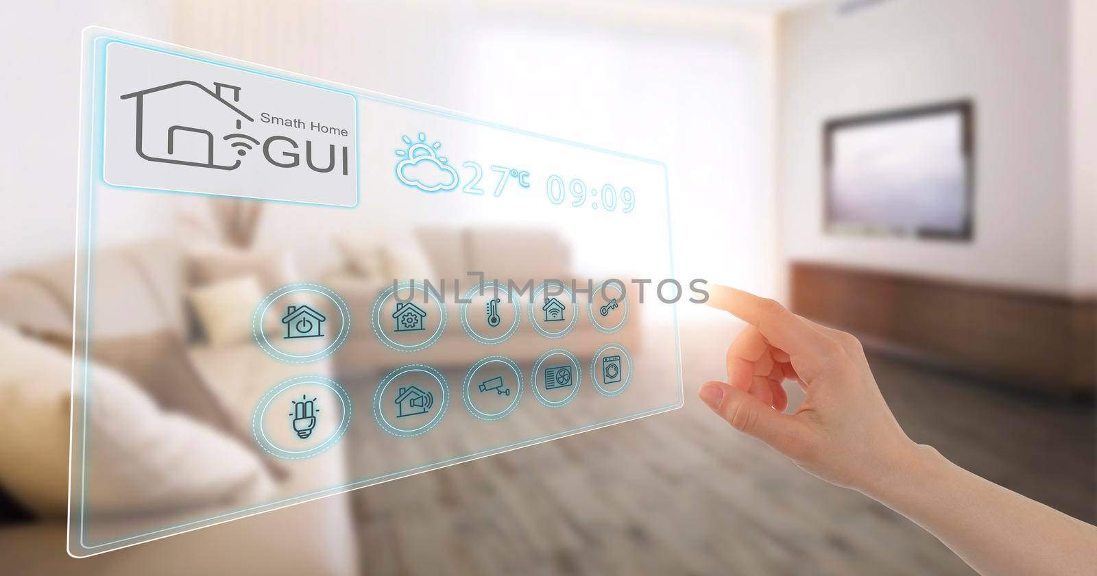 Women hand point smarth home GUI in livingroom. Hand use smart screen smart home automation assistant on a virtual screen and a user touching a button