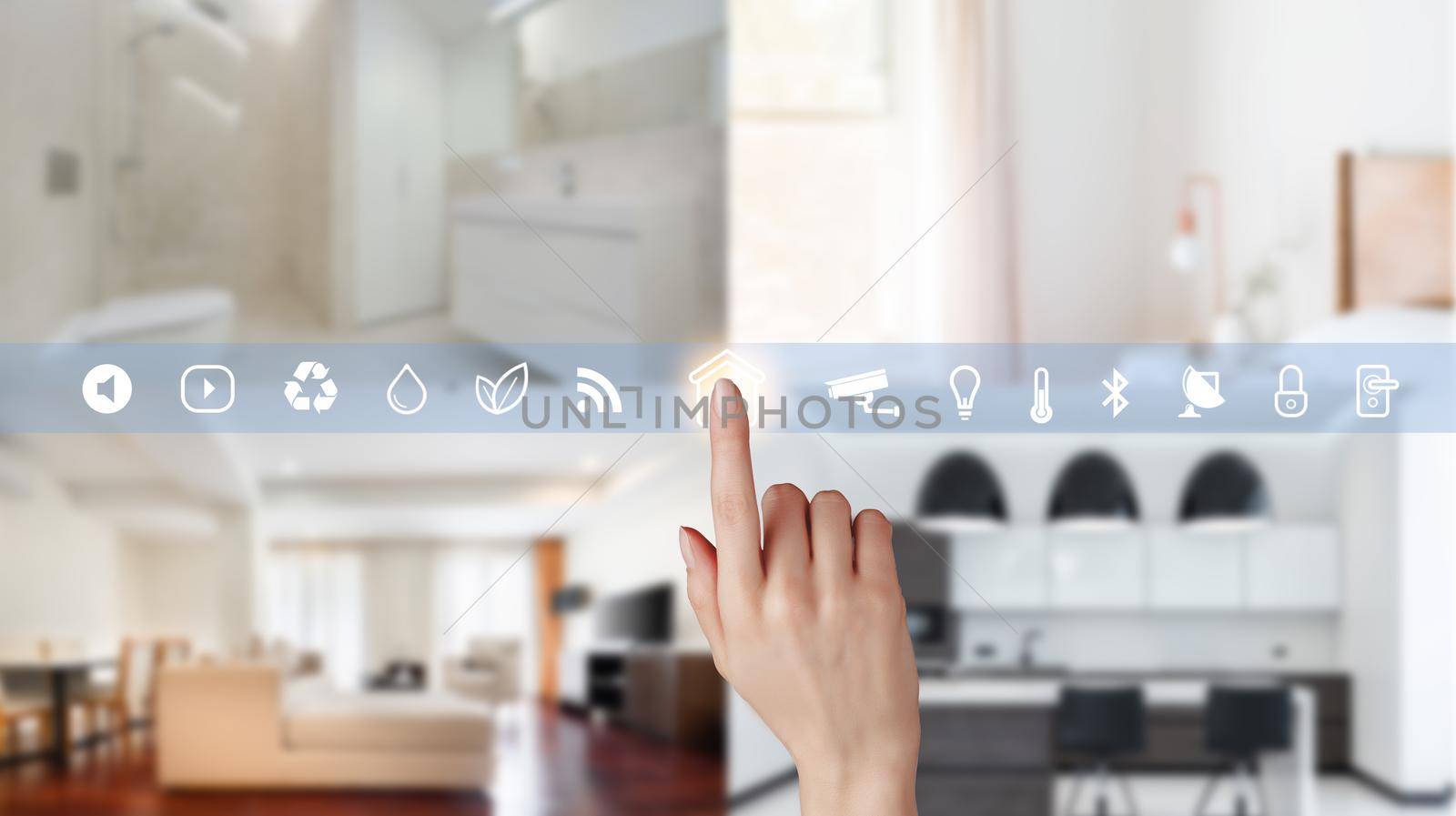 Women hand point smarth home GUI control every room in house. Hand use smart screen smart home automation assistant on a virtual screen and a user touching a button