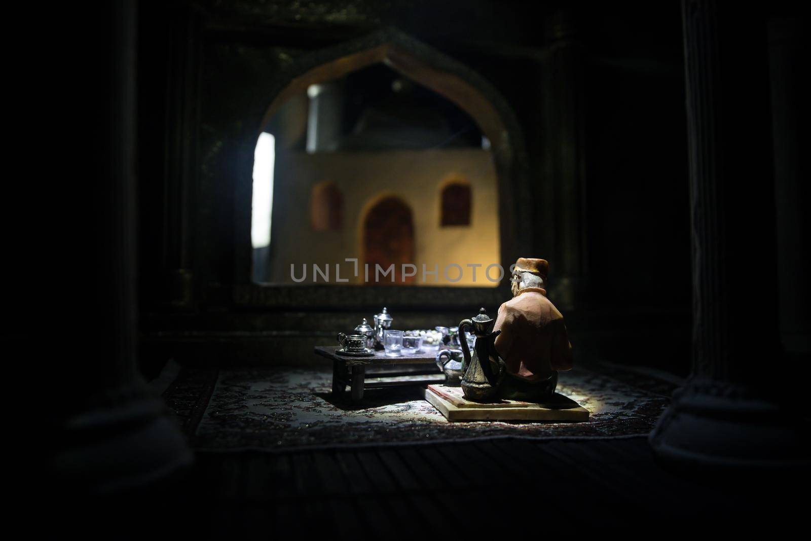 A realistic Arabian interior miniature with window and columns. Meals are served before sunrise called Suhur. Festive greeting card, invitation for Muslim holy month Ramadan Kareem. Selective focus