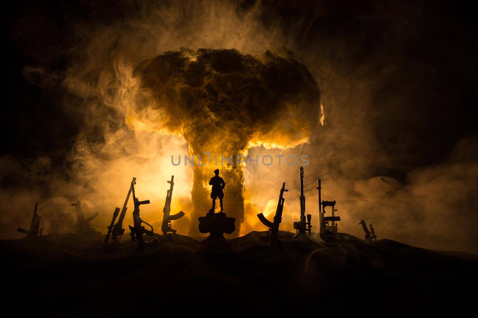 Creative artwork decoration war on Ukraine. Crowd looking on giant explosion and attacking soldiers. by Zeferli