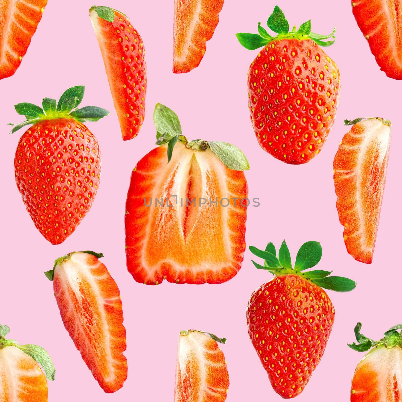 Fresh strawberry seamless pattern. Ripe strawberries isolated on pink. Package design background. Falling strawberry selective focus.