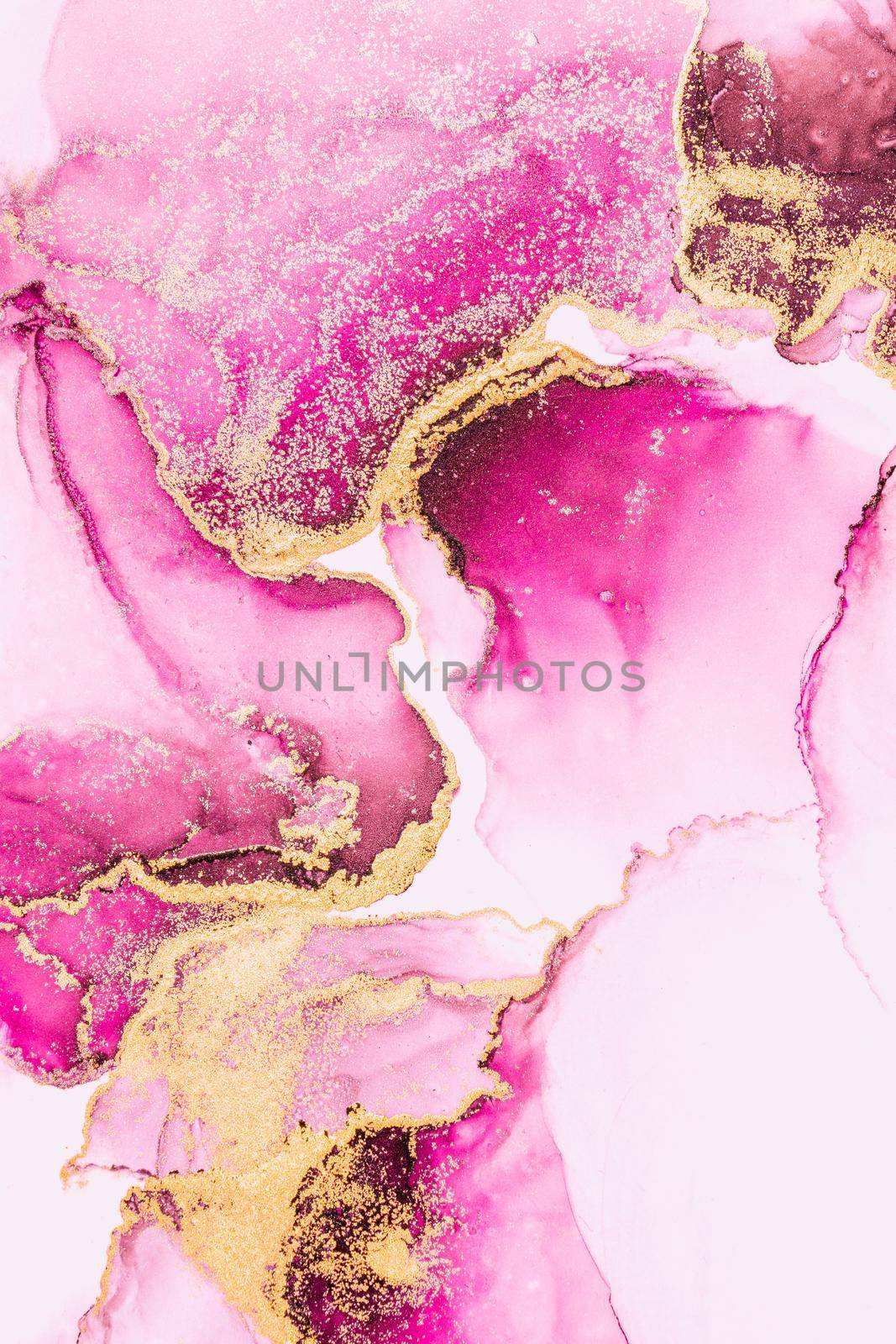 Pink gold abstract background of marble liquid ink art painting on paper . Image of original artwork watercolor alcohol ink paint on high quality paper texture .