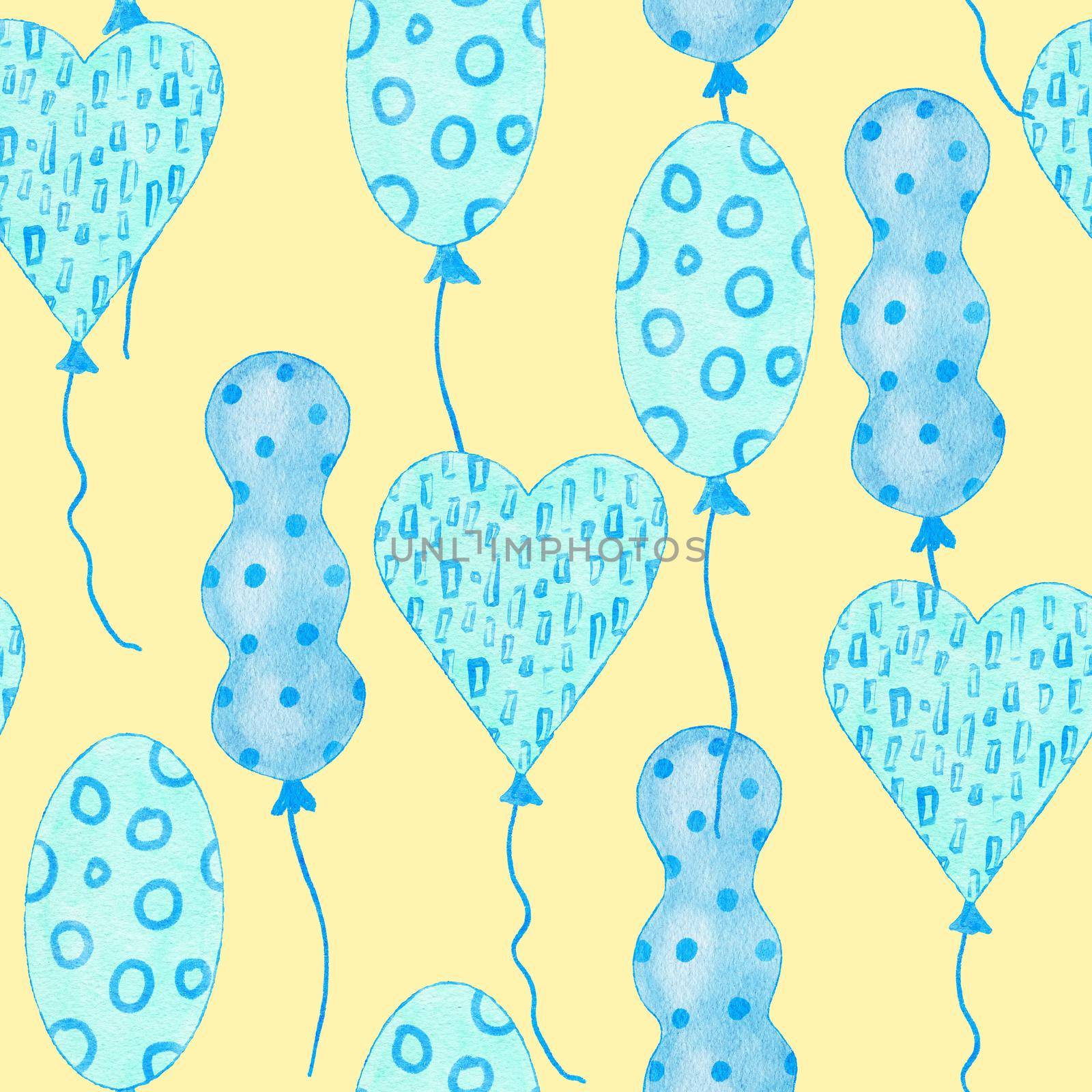 Watercolor hand drawn seamless pattern of blue boy baby shower fabric print. Pastel nursery stars rainbow balloons clouds. Cute kawaii birthday invite invitation illustration design transport car. by Lagmar