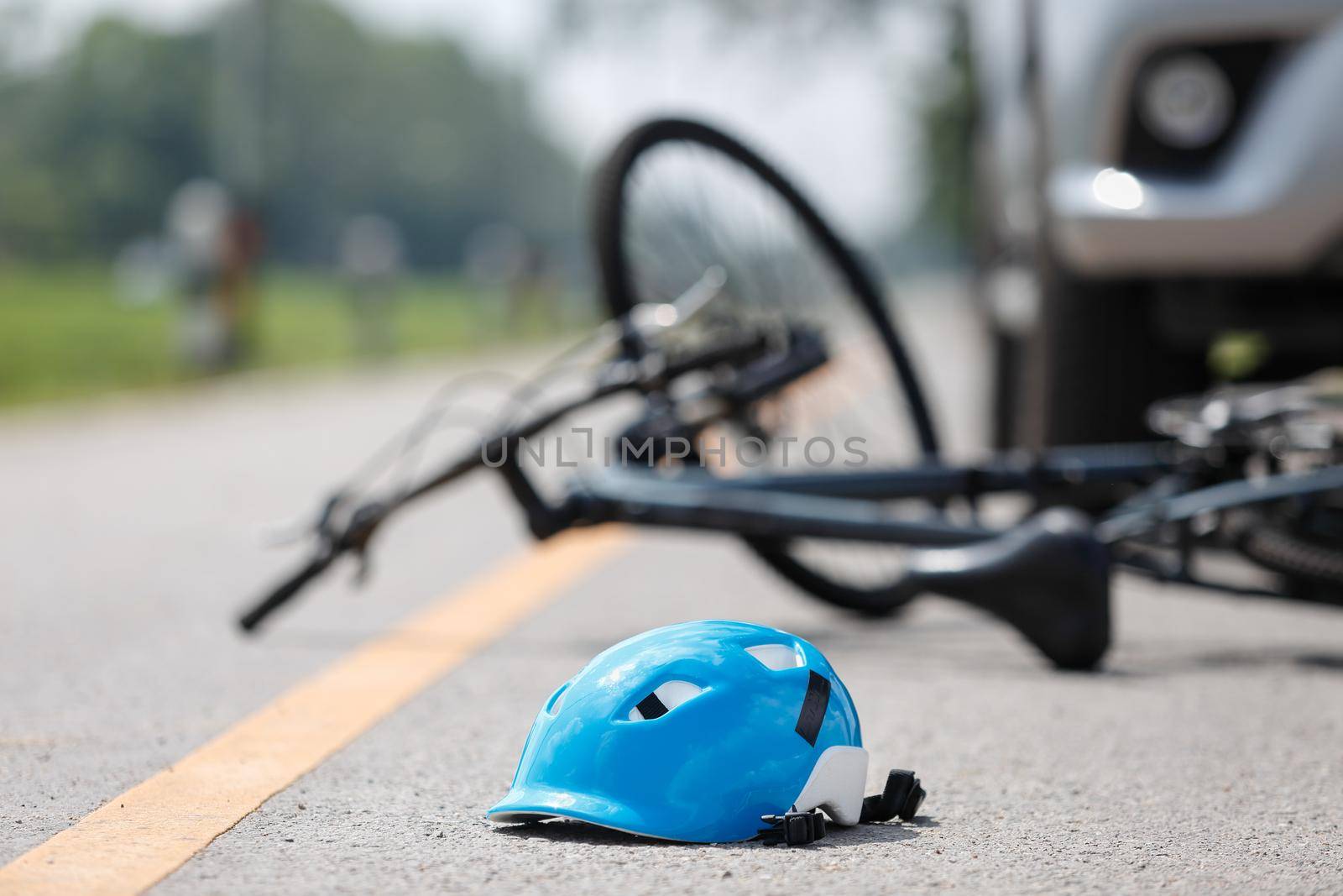 Accident car crash with bicycle on road