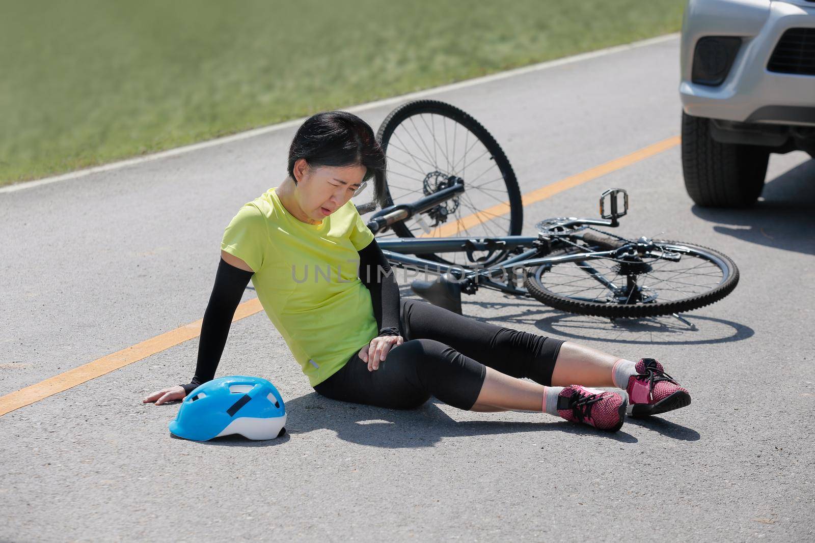 Accident car crash with bicycle on road