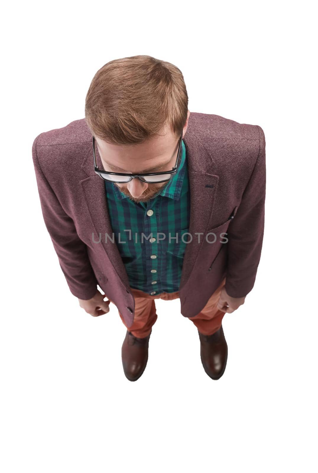 top view. confident young man looking forward . isolated on white background