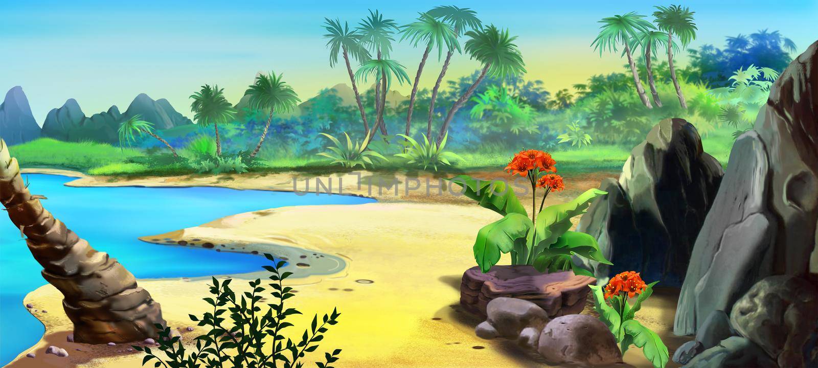 Sandy coast of the island in the tropics on a sunny day. Digital Painting Background, Illustration.