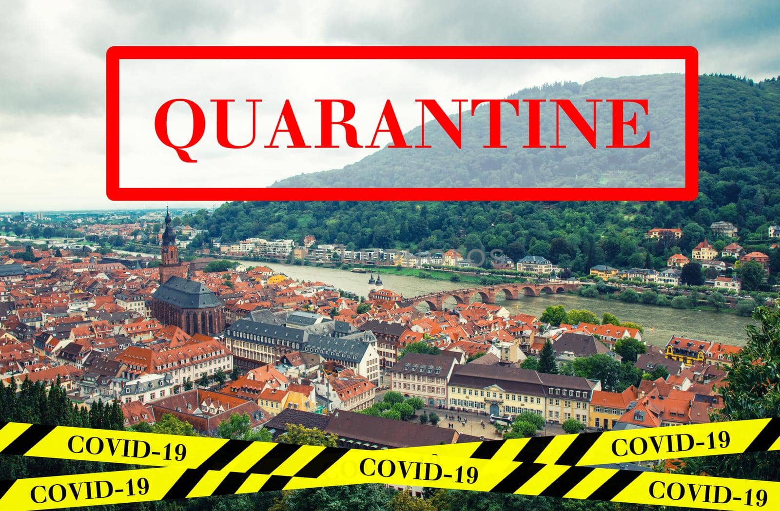 Quarantine in Germany. Panoramic view of medieval town Heidelberg. No travel and lockdown concept. Coronavirus outbreak Covid-19 pandemic concept. Canceled tourist vacation. Barrier tape.
