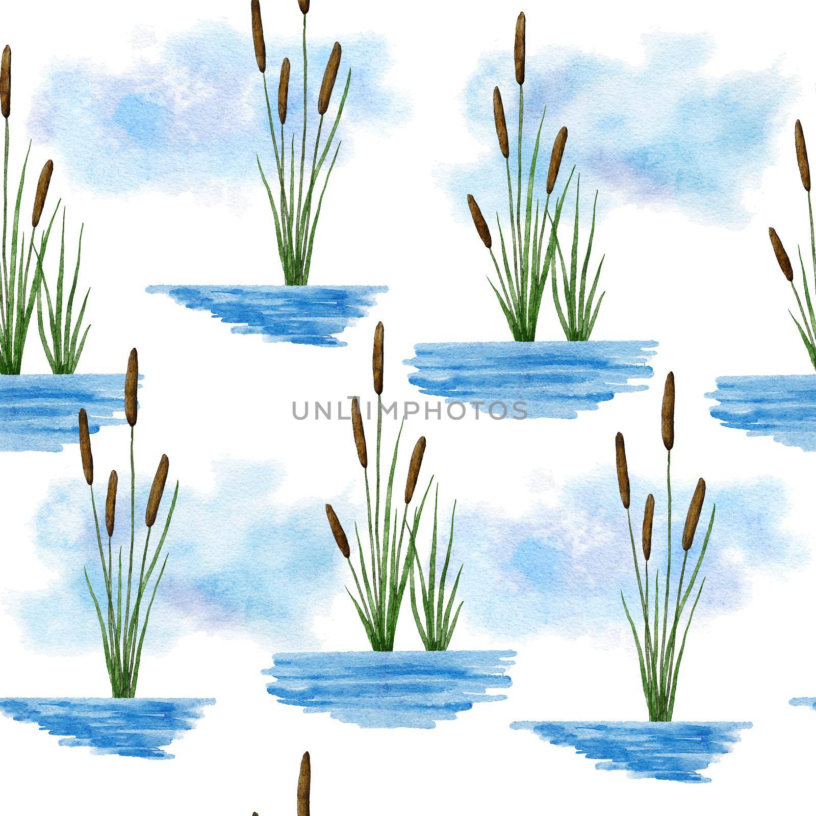 Watercolor hand drawn seamless pattern with typha plant in river lake water. Blue sky natural wild landscape background, forest print with botany greenery elements flowers. by Lagmar