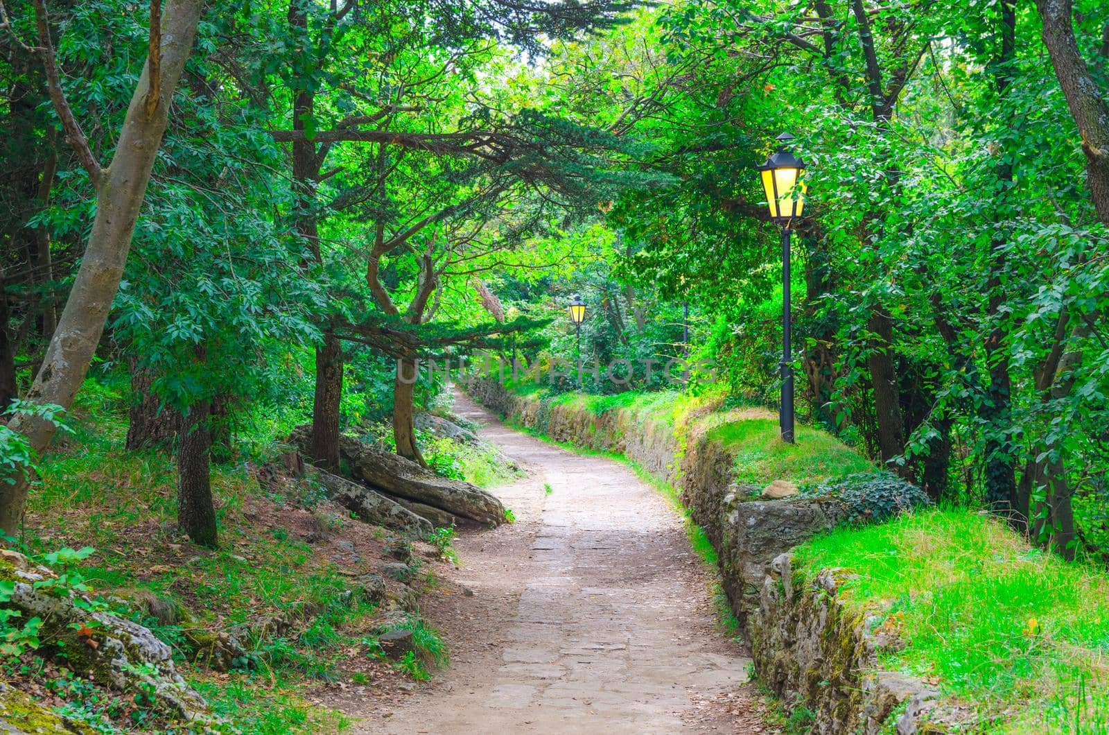 Cobblestone brick path with street light lamp in park forest with green trees and bushes in Republic San Marino