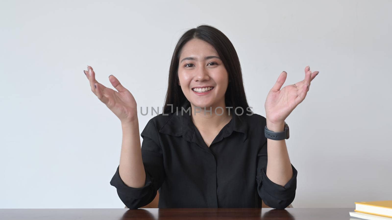 Confident asian woman making video conference, online distant job interview.