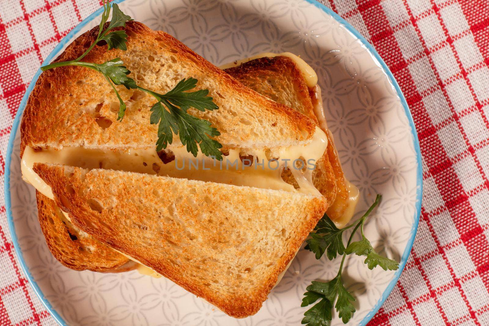 Good food for breakfast. Toasted slices of bread with cheese and green parsley on white plate. Top view