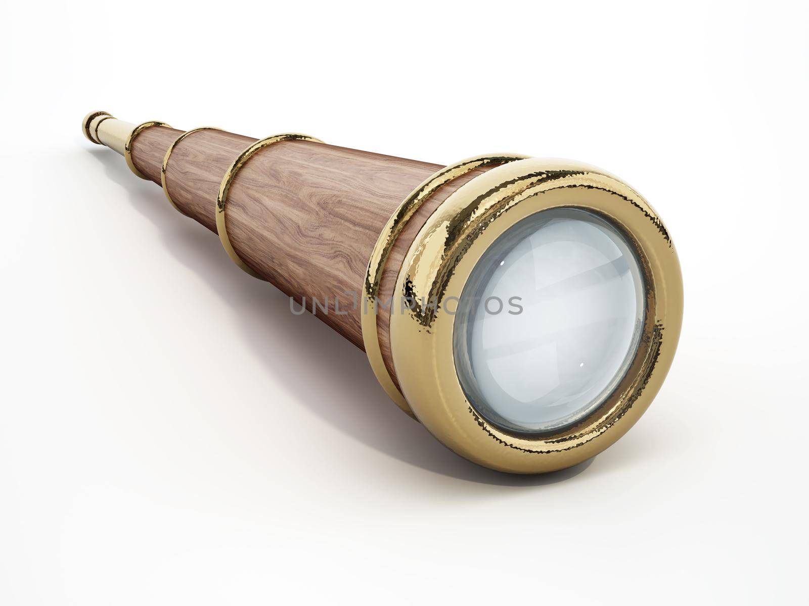 Vintage telescope isolated on white background. 3D illustration by Simsek