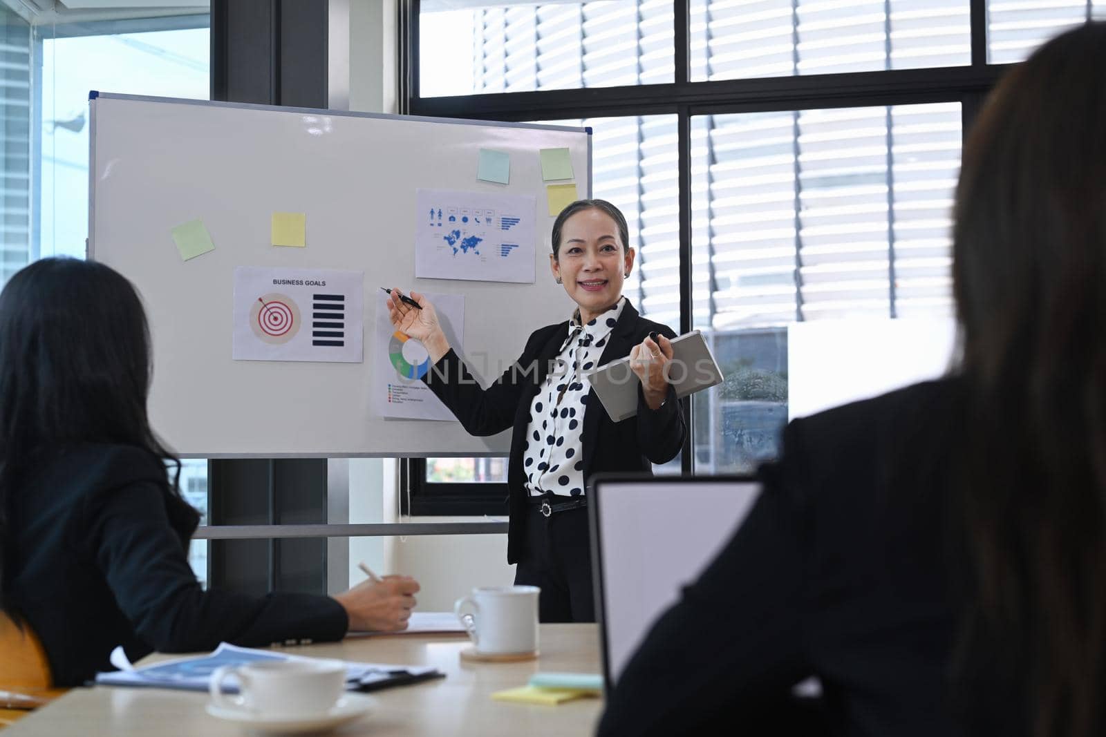 Senior business team leader giving presentation to diverse employees group in boardroom.