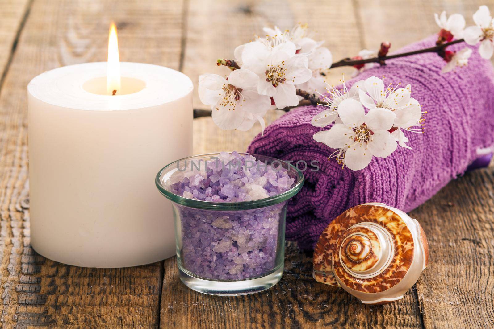 Sea salt in glass bowl with towel for bathroom procedures, sea shell and burning candle with flowering branch of apricot tree on the background. Spa products and accessories