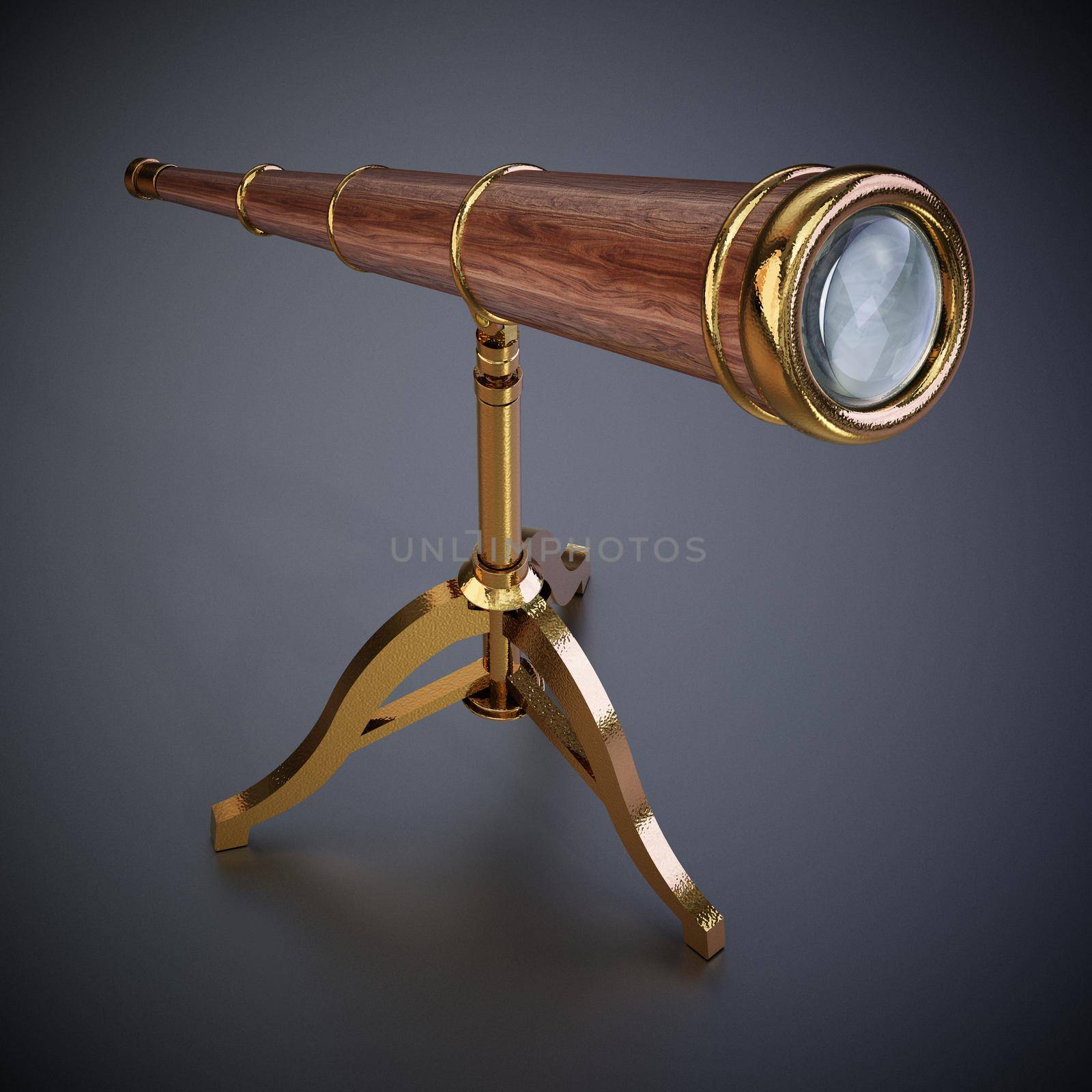 Vintage telescope isolated on dark background. 3D illustration by Simsek